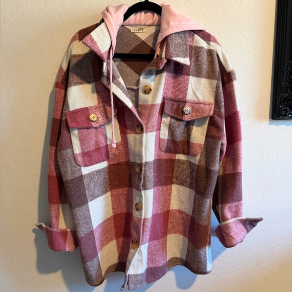 Kori Jackets & Blazers - Kori Pink and Brown Plaid hooded Jacket